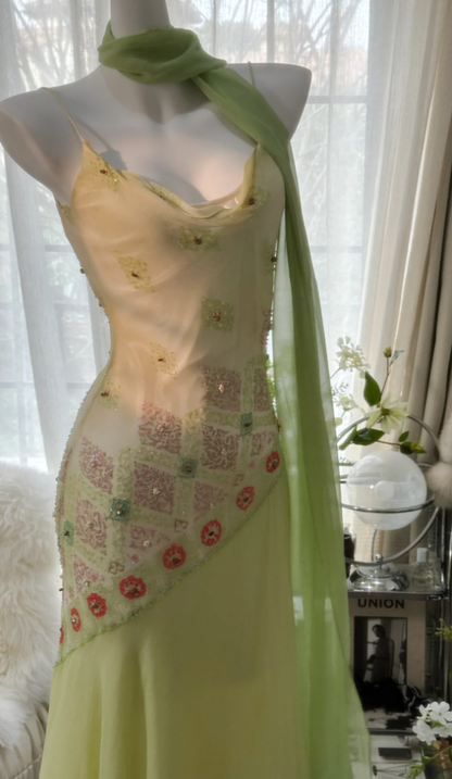 Classy Spaghetti Straps Light Green Chiffon Beaded Mermaid Long Party Dress Evening Gown