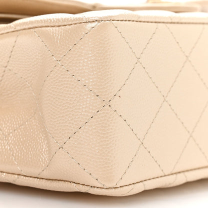 Metallic Caviar Quilted Small Double Flap Beige