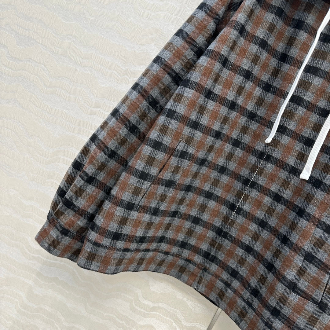 Miumiu Faux Two-Piece Detachable Hood Plaid Jacket Brown Polyester