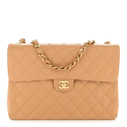 Caviar Quilted XL Jumbo Single Flap Beige