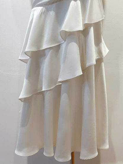 Elegant White Mermaid Ruffle Satin Prom Dress Evening Dress Bridesmaid Dress P4066