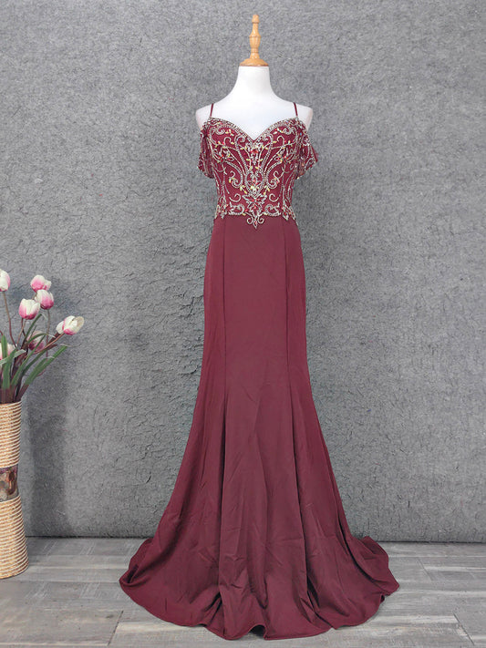 Vintage Burgundy Spaghetti Strap V-Neck Beaded Chiffon Long Prom Dress Evening Dress P4660