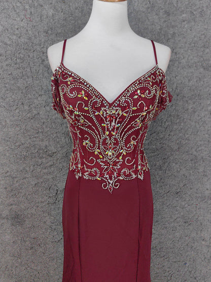 Vintage Burgundy Spaghetti Strap V-Neck Beaded Chiffon Long Prom Dress Evening Dress P4660