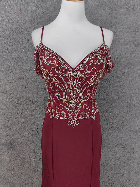 Vintage Burgundy Spaghetti Strap V-Neck Beaded Chiffon Long Prom Dress Evening Dress P4660