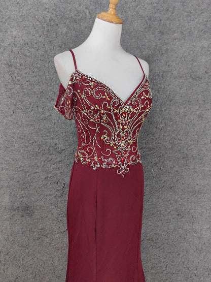 Vintage Burgundy Spaghetti Strap V-Neck Beaded Chiffon Long Prom Dress Evening Dress P4660