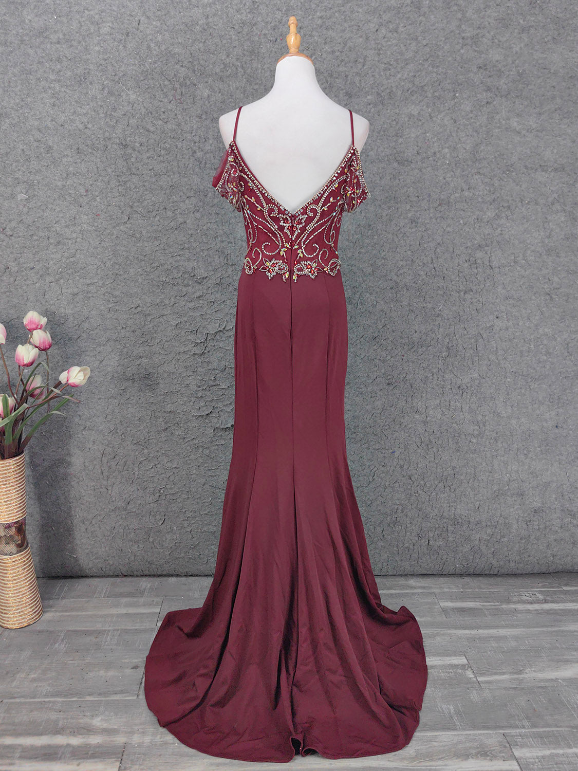 Vintage Burgundy Spaghetti Strap V-Neck Beaded Chiffon Long Prom Dress Evening Dress P4660