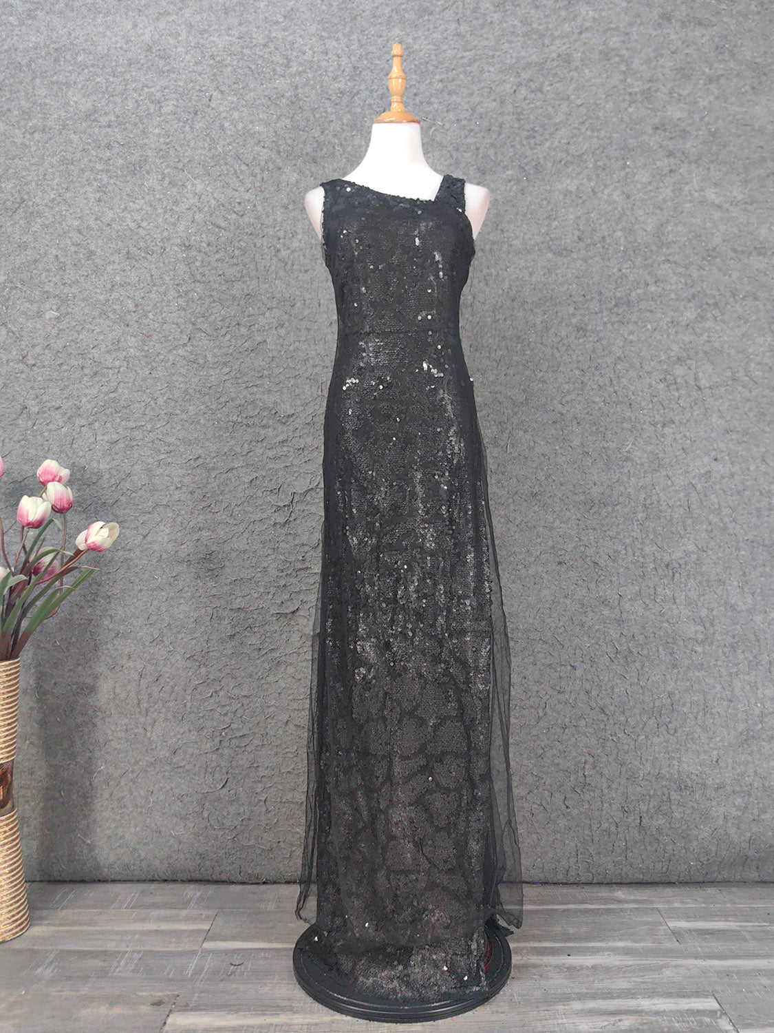 Classic Black Slim-Fit Asymmetric Neck Sequin Tulle Long Prom Dress Evening Dress P4661