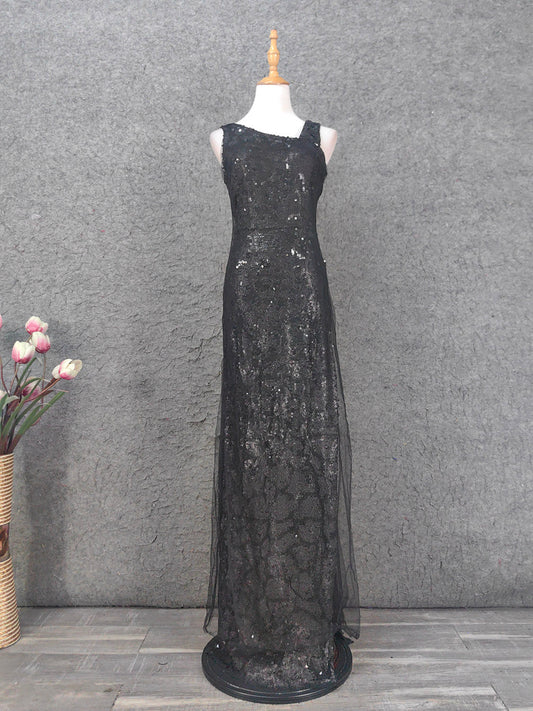 Classic Black Slim-Fit Asymmetric Neck Sequin Tulle Long Prom Dress Evening Dress P4661