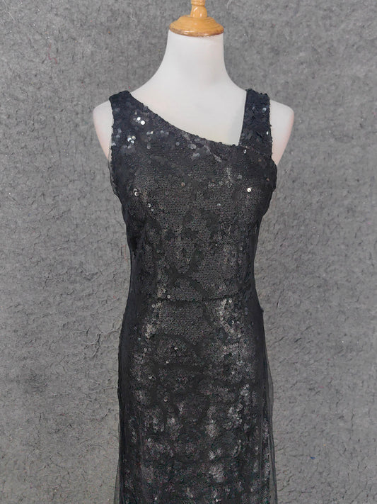 Classic Black Slim-Fit Asymmetric Neck Sequin Tulle Long Prom Dress Evening Dress P4661