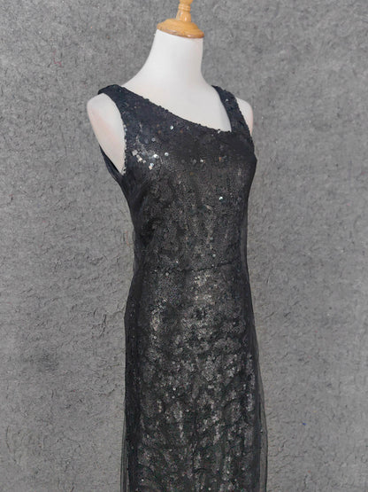 Classic Black Slim-Fit Asymmetric Neck Sequin Tulle Long Prom Dress Evening Dress P4661