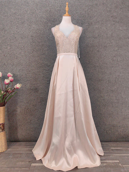 Elegant Pink Halter Neck V-Neck Rhinestone Lace Satin Long Prom Dress Evening Dress P4662