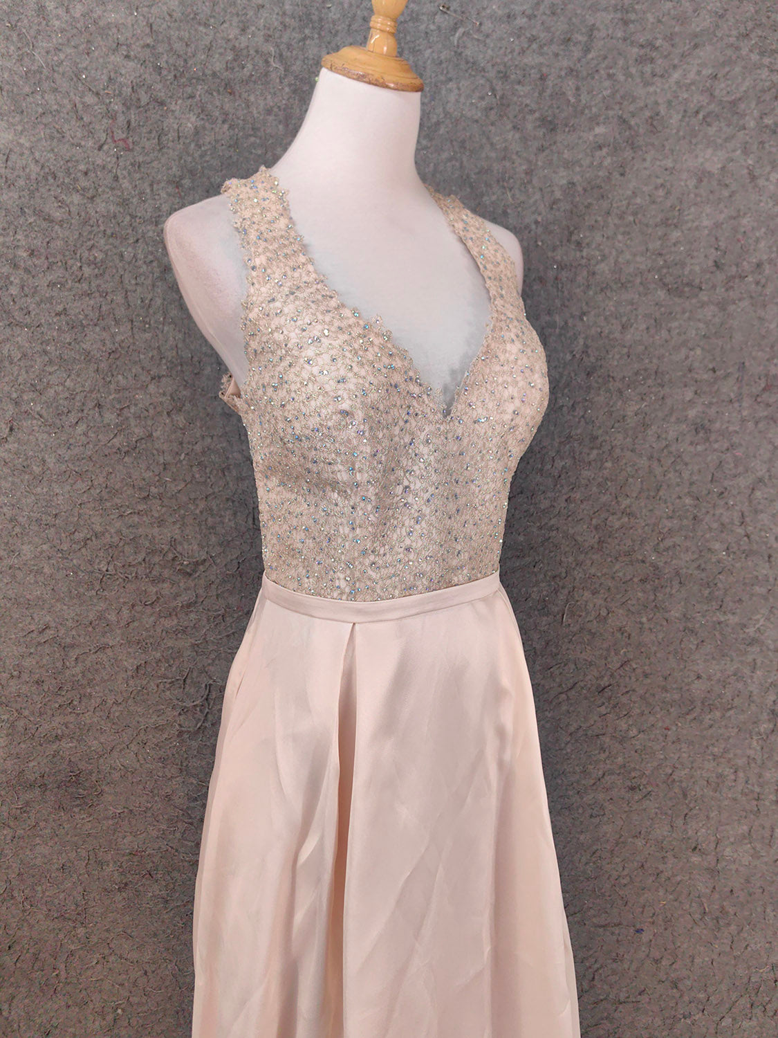 Elegant Pink Halter Neck V-Neck Rhinestone Lace Satin Long Prom Dress Evening Dress P4662