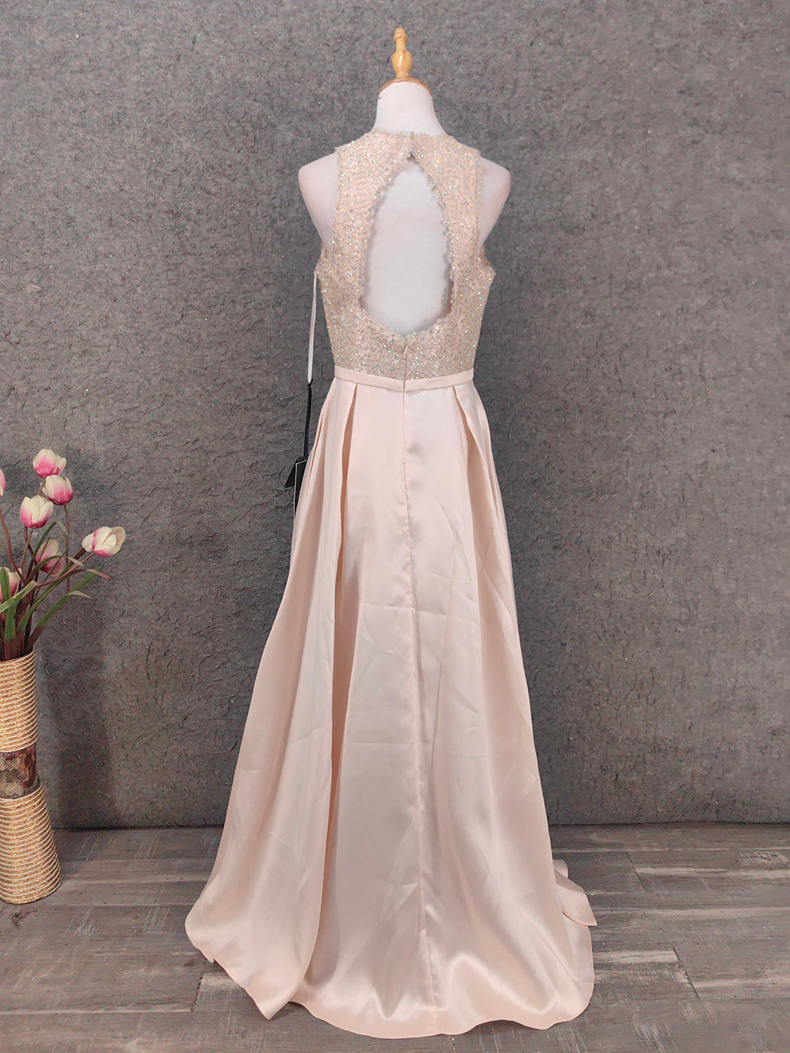 Elegant Pink Halter Neck V-Neck Rhinestone Lace Satin Long Prom Dress Evening Dress P4662