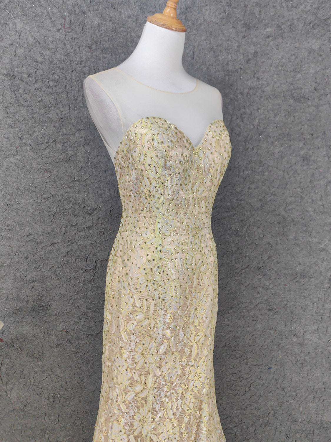 Luxurious Champagne Gold Crew Neck Rhinestone Lace Train Prom Dress Evening Dress P4663