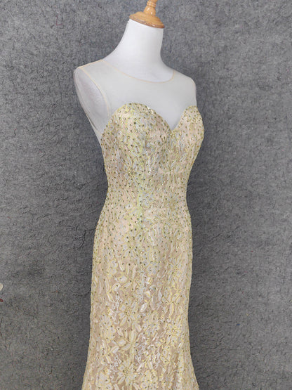 Luxurious Champagne Gold Crew Neck Rhinestone Lace Train Prom Dress Evening Dress P4663