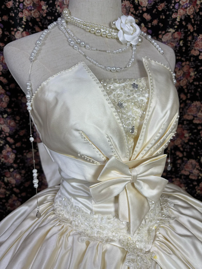 Elegant Strapless A-Line Rouched Bow Satin Wedding Dress TP5341