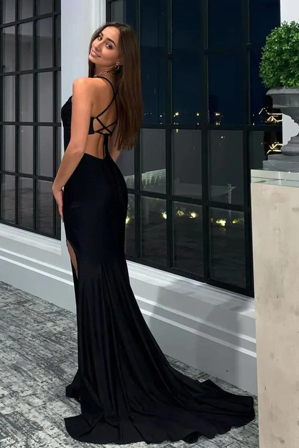 omberprom Elegant Mermaid Evening Dress Halter Neck Jersey Prom Dress with Slit