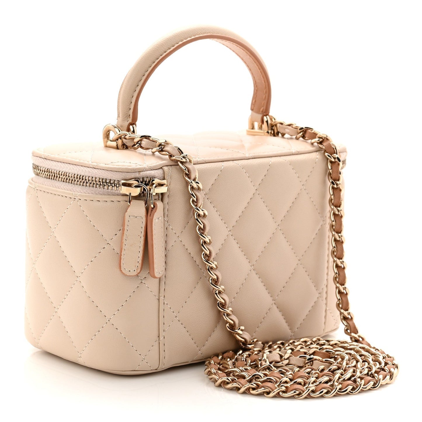 Lambskin Quilted Small Top Handle Vanity Case With Chain Ecru Dark Beige