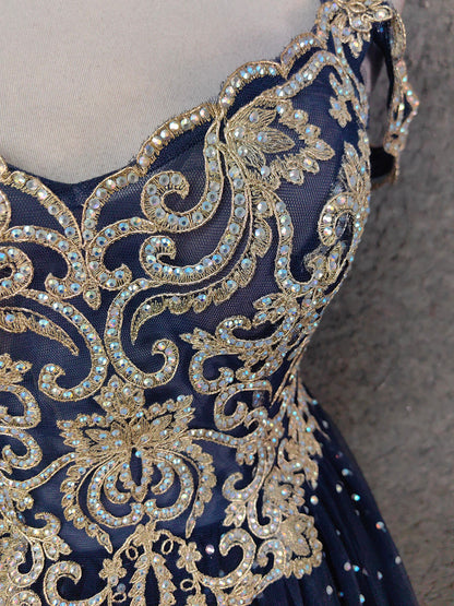 Vintage Navy Blue Off-Shoulder Gold Embroidered Rhinestone Tulle Long Prom Dress Evening Dress P4665