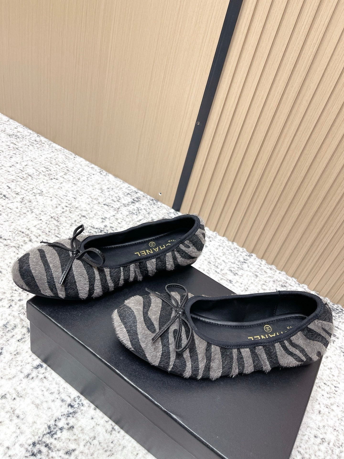 Chanel 26 Tiger Print Gray Black Ballet Flat in Sheepskin Wool 591375