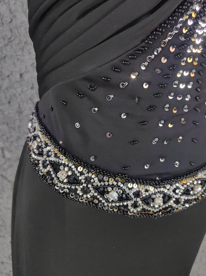 Elegant Black Spaghetti Strap Sequin Beaded Split Chiffon Long Prom Dress Evening Dress P4666