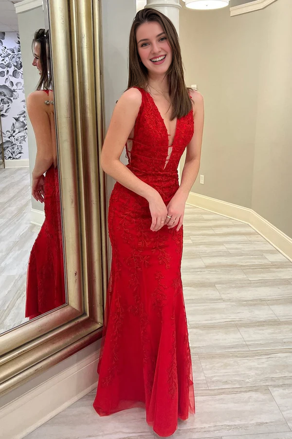 omberprom Elegant Mermaid Plunge V Neck Lace Long Prom Dress Charming Evening Party Dress