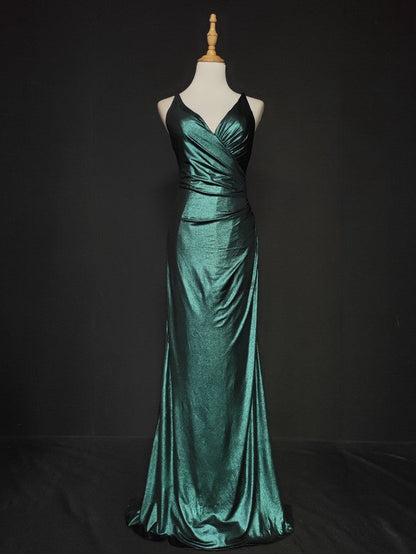 Elegant Green Spaghetti Strap V-Neck Ruffled Satin Long Prom Dress Evening Dress P4667
