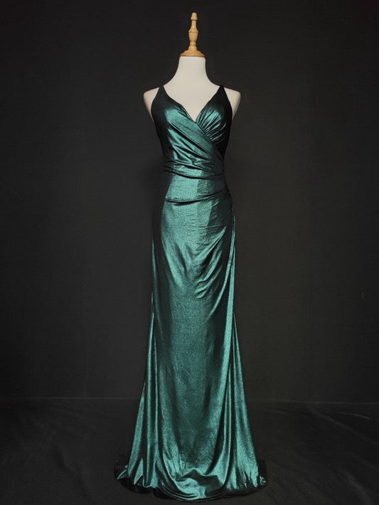 Elegant Green Spaghetti Strap V-Neck Ruffled Satin Long Prom Dress Evening Dress P4667