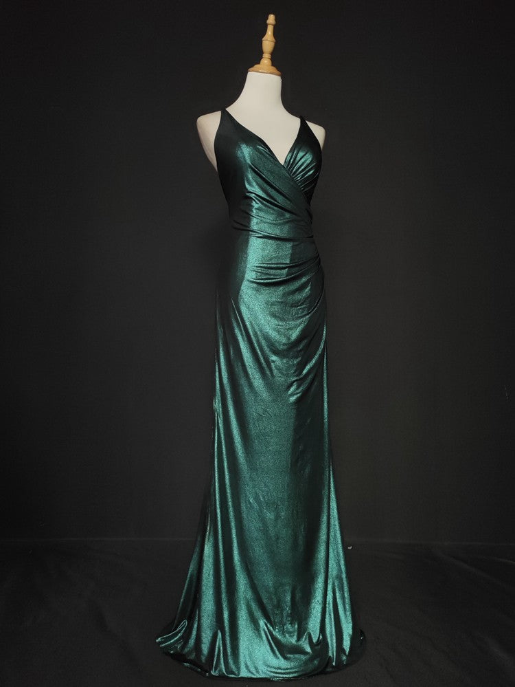Elegant Green Spaghetti Strap V-Neck Ruffled Satin Long Prom Dress Evening Dress P4667