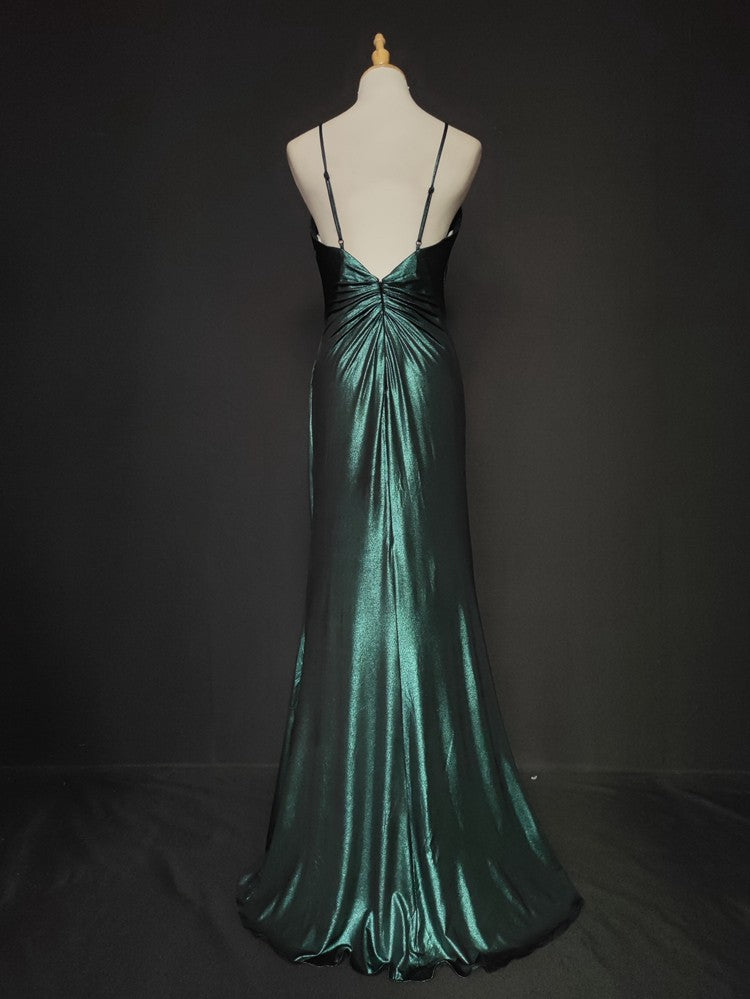Elegant Green Spaghetti Strap V-Neck Ruffled Satin Long Prom Dress Evening Dress P4667