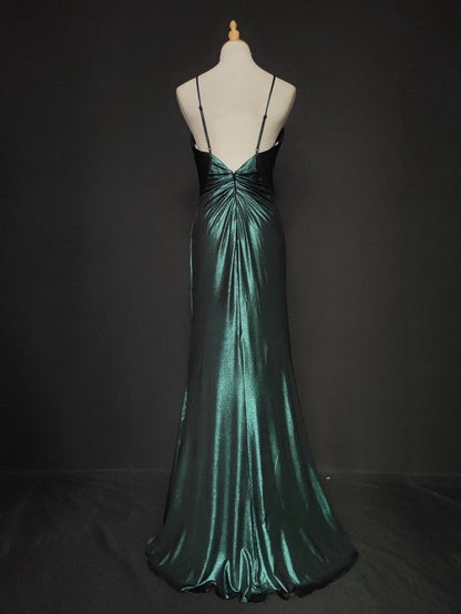 Elegant Green Spaghetti Strap V-Neck Ruffled Satin Long Prom Dress Evening Dress P4667