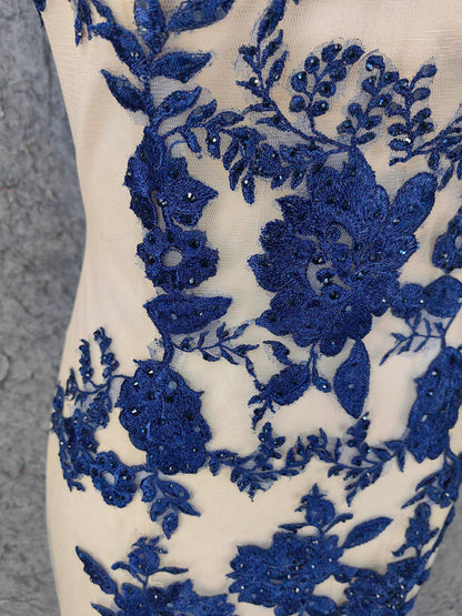 Vintage Cream Navy Mermaid Crew Neck Sleeveless Embroidered Tulle Long Prom Dress Evening Dress P4668