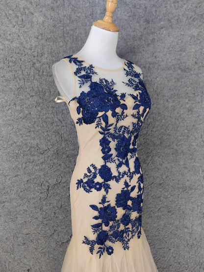 Vintage Cream Navy Mermaid Crew Neck Sleeveless Embroidered Tulle Long Prom Dress Evening Dress P4668