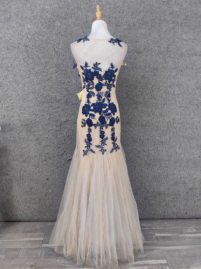Vintage Cream Navy Mermaid Crew Neck Sleeveless Embroidered Tulle Long Prom Dress Evening Dress P4668