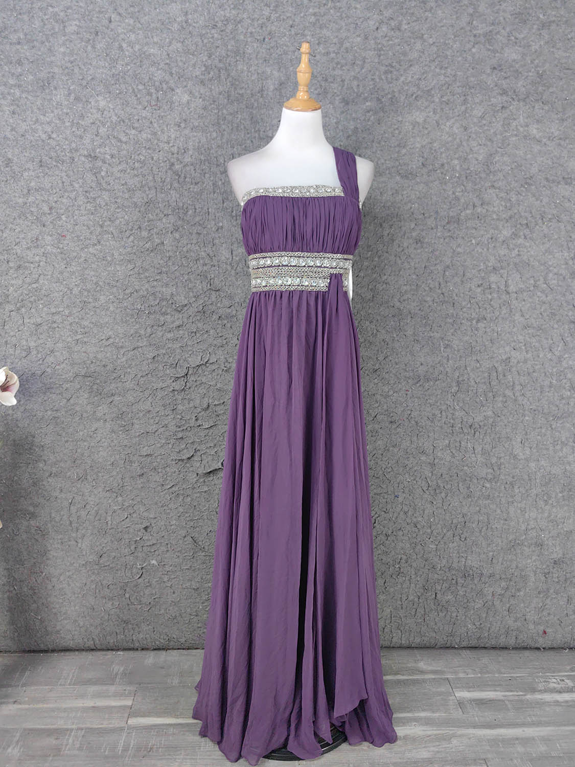 Charming Purple One-Shoulder Square Neck Rhinestone Beaded Chiffon Long Prom Dress Evening Dress P4669