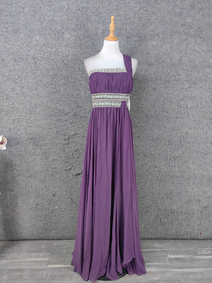 Charming Purple One-Shoulder Square Neck Rhinestone Beaded Chiffon Long Prom Dress Evening Dress P4669