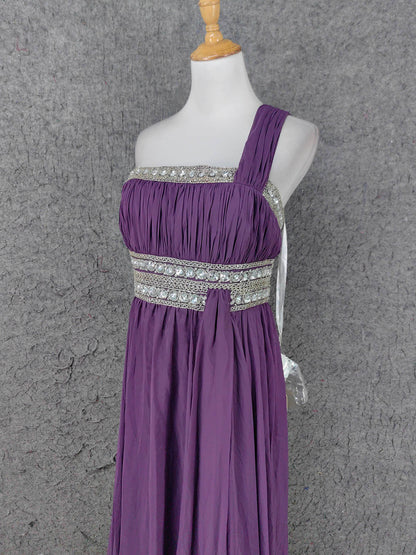 Charming Purple One-Shoulder Square Neck Rhinestone Beaded Chiffon Long Prom Dress Evening Dress P4669
