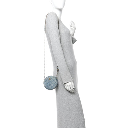 Denim Quilted Round Pearl Crush Clutch With Chain Blue