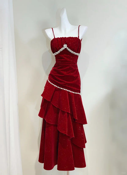 Vintage Burgundy Mermaid Spaghetti Strap Ruffle Velvet Prom Dress Evening Dress P4067