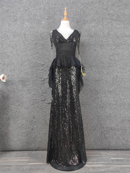 Vintage Black V-Neck Tassel Sequin Tulle Long Prom Dress Evening Dress P4670
