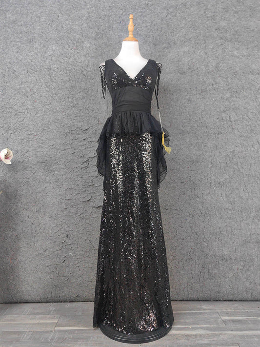 Vintage Black V-Neck Tassel Sequin Tulle Long Prom Dress Evening Dress P4670
