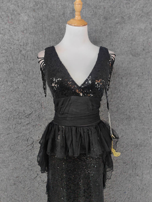 Vintage Black V-Neck Tassel Sequin Tulle Long Prom Dress Evening Dress P4670