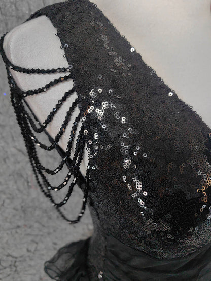 Vintage Black V-Neck Tassel Sequin Tulle Long Prom Dress Evening Dress P4670