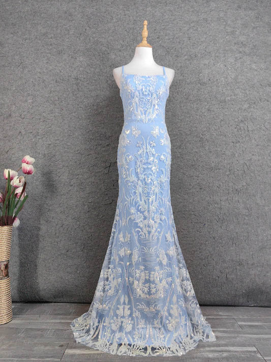 Elegant Light Blue Square Neck Spaghetti Strap Mermaid Sequin Tulle Long Prom Dress Evening Dress P4671