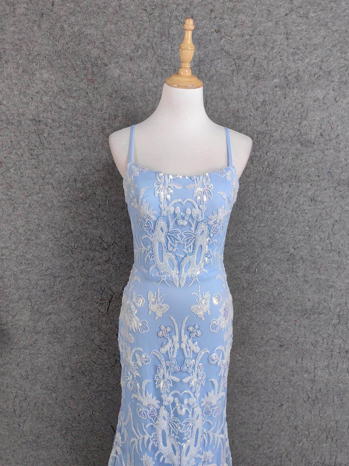 Elegant Light Blue Square Neck Spaghetti Strap Mermaid Sequin Tulle Long Prom Dress Evening Dress P4671