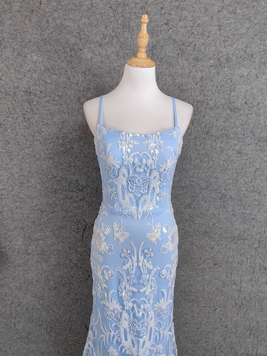 Elegant Light Blue Square Neck Spaghetti Strap Mermaid Sequin Tulle Long Prom Dress Evening Dress P4671