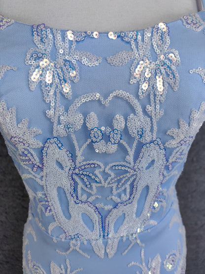 Elegant Light Blue Square Neck Spaghetti Strap Mermaid Sequin Tulle Long Prom Dress Evening Dress P4671