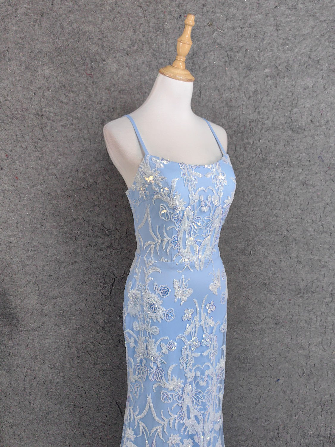 Elegant Light Blue Square Neck Spaghetti Strap Mermaid Sequin Tulle Long Prom Dress Evening Dress P4671