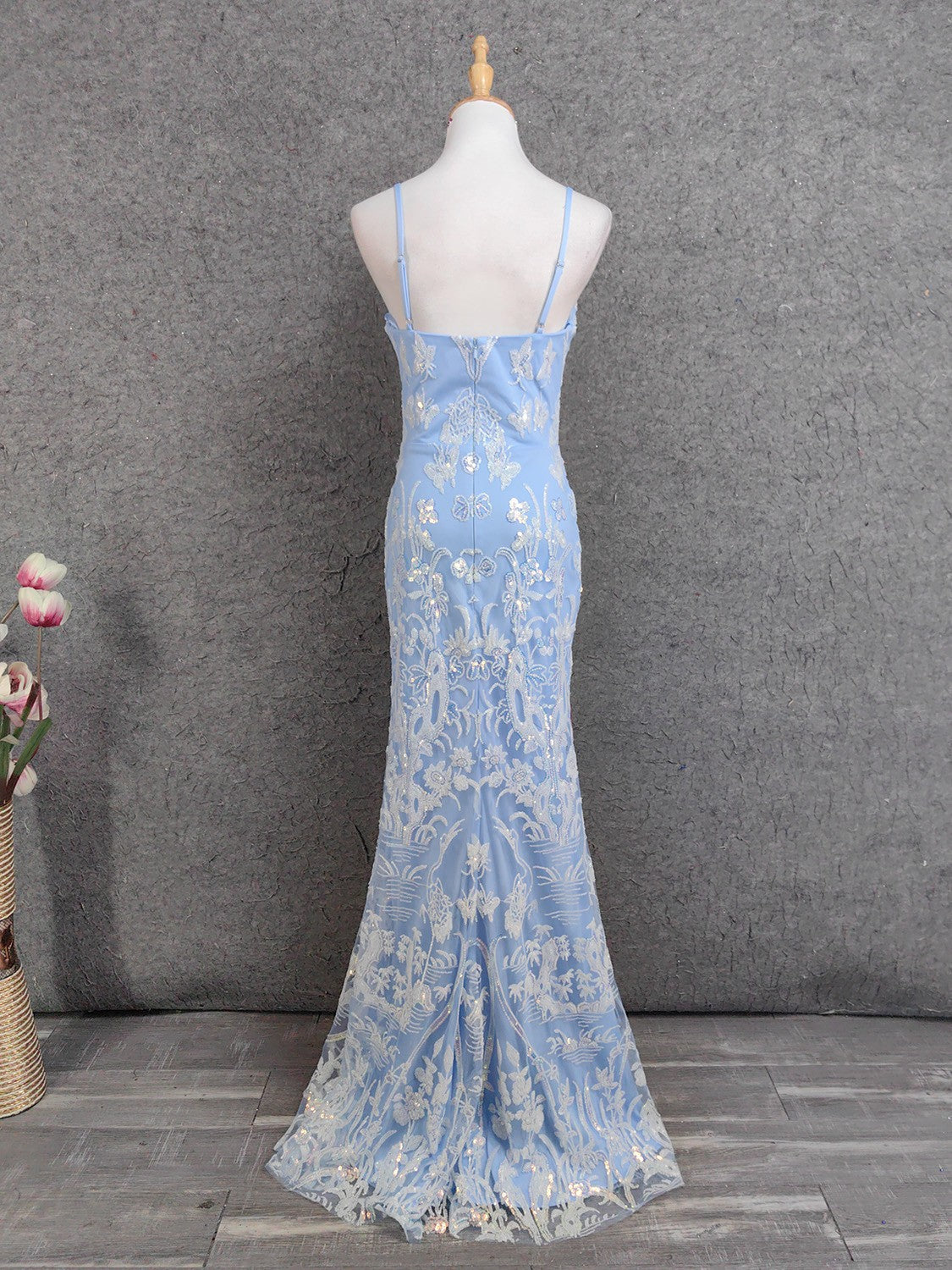 Elegant Light Blue Square Neck Spaghetti Strap Mermaid Sequin Tulle Long Prom Dress Evening Dress P4671