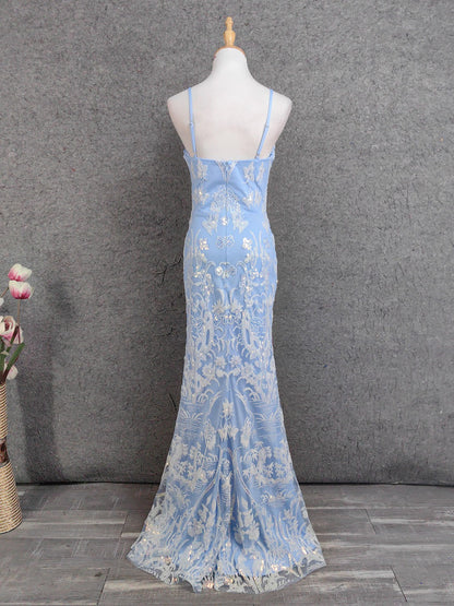 Elegant Light Blue Square Neck Spaghetti Strap Mermaid Sequin Tulle Long Prom Dress Evening Dress P4671